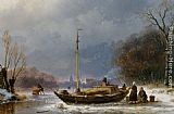 A Wintry Scene with Figures near a Boat on the Ice by Andreas Schelfhout